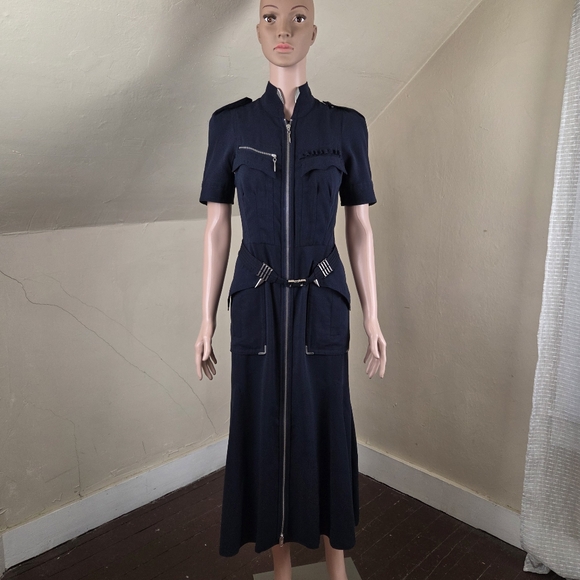Byron Lars Beauty Mark Navy Blue Maxi Dress Zip Front Belted Womens Size 2